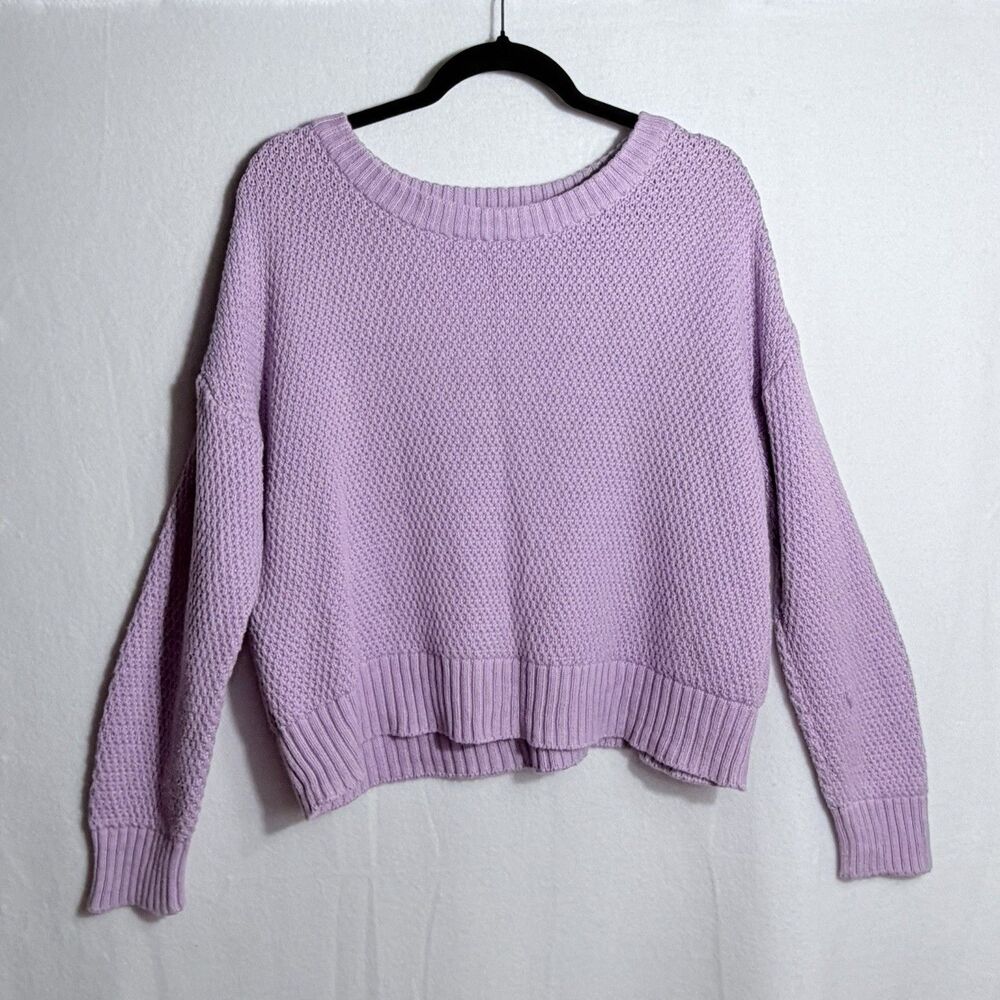 Pact Purple Organic Cotton Cropped Boxy Waffle Knit Crew Neck Sweater Women's S